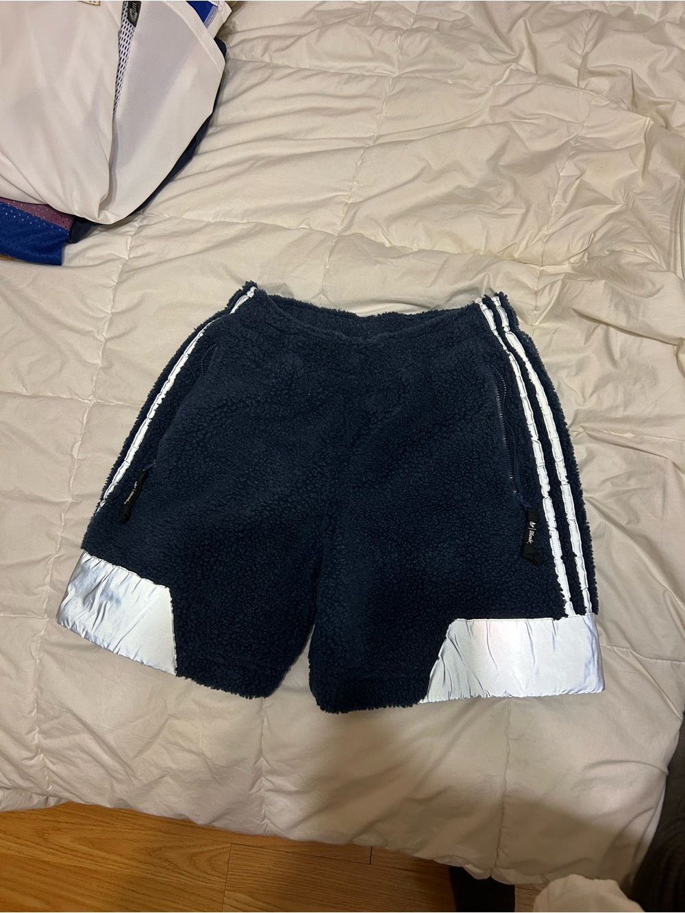 adidas Navy Sherpa Athletic Shorts with Silver Trim